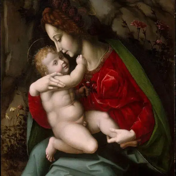 Bachiacca Madonna and Child 2018 USPS Forever stamp booklet – Virgin Mary and Christ child holding jasmine, Renaissance painting detail
