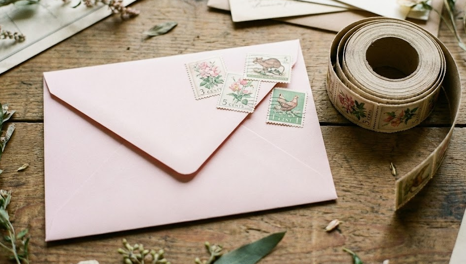 Pink envelope featuring vintage-style botanical USPS stamps resting on a wooden desk next to a roll of decorative tape.