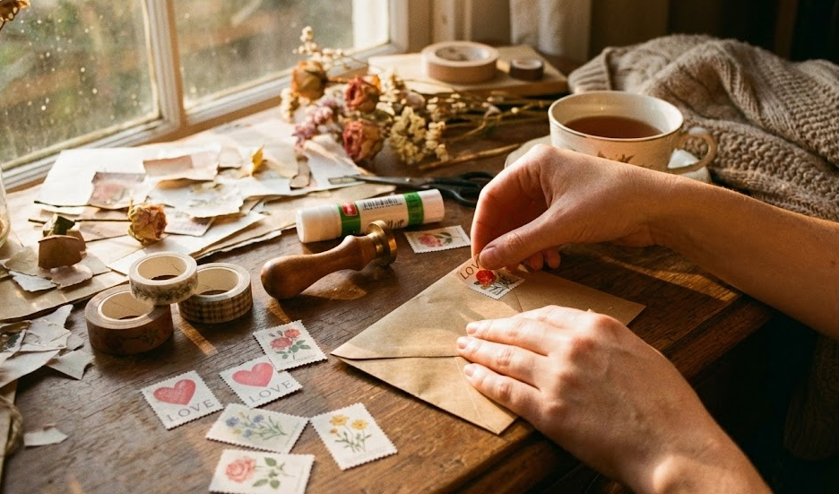 Hands carefully applying a floral USPS stamp to a brown envelope in a cozy setting with loose love-themed stamps and tea.