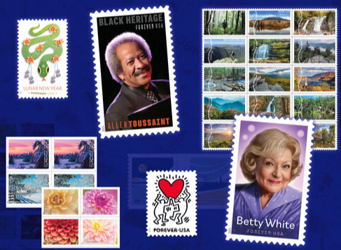 A creative collage showcasing a variety of colorful USPS stamps, including designs featuring Betty White, Allen Toussaint, Lunar New Year, and nature scenes.