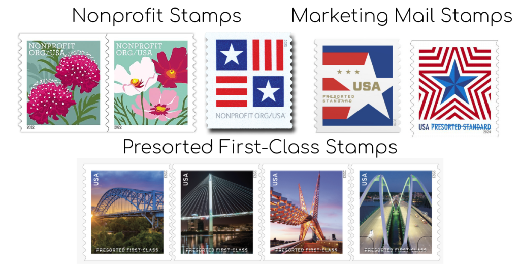 Educational graphic categorizing different types of USPS stamps, including Nonprofit, Marketing Mail, and Presorted First-Class stamp designs.